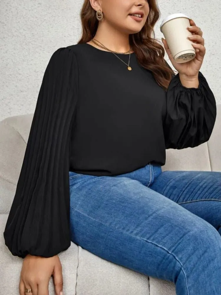 Black Lantern Sleeve Shirt for Women - Loose Fit, Elegant Style