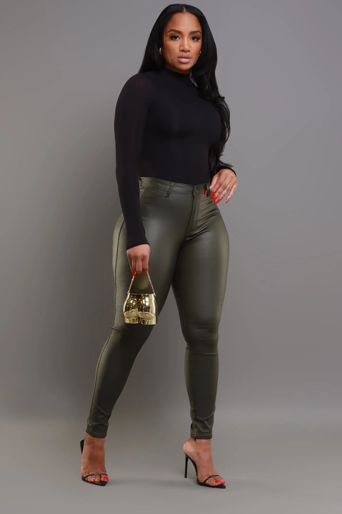 Curve You Faux Leather High Rise Pants - Olive