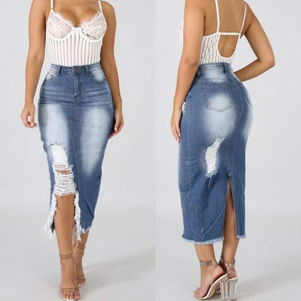 Denim Skirts for Women Casual Summer Ripped Destroyed Bodycon Jean Skirt Midi Skirts for Women