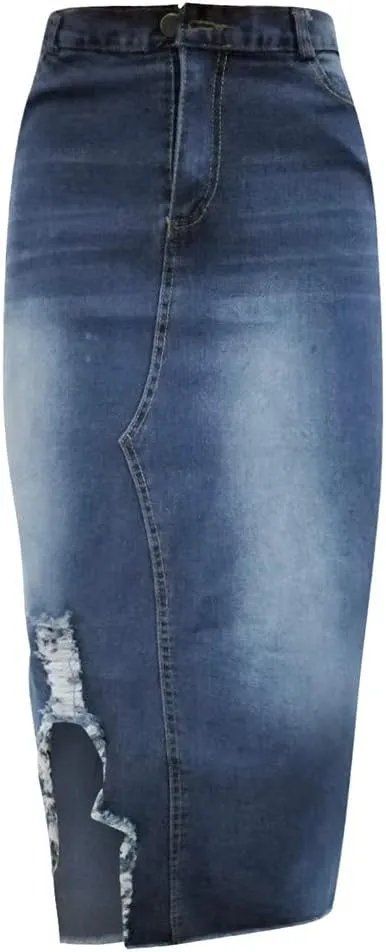Denim Skirts for Women Casual Summer Ripped Destroyed Bodycon Jean Skirt Midi Skirts for Women