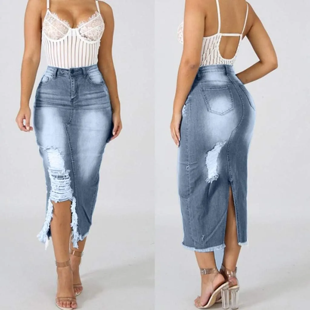 Denim Skirts for Women Casual Summer Ripped Destroyed Bodycon Jean Skirt Midi Skirts for Women