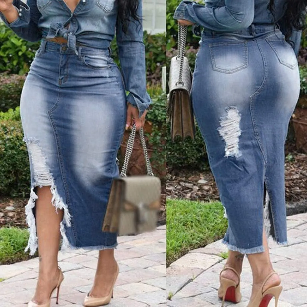 Denim Skirts for Women Casual Summer Ripped Destroyed Bodycon Jean Skirt Midi Skirts for Women