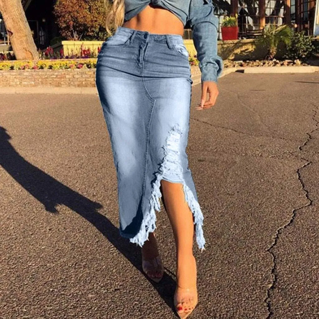 Denim Skirts for Women Casual Summer Ripped Destroyed Bodycon Jean Skirt Midi Skirts for Women