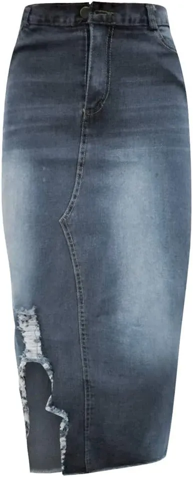 Denim Skirts for Women Casual Summer Ripped Destroyed Bodycon Jean Skirt Midi Skirts for Women
