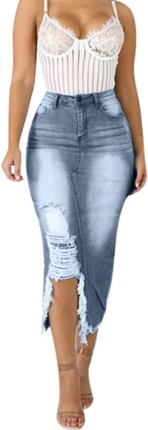 Denim Skirts for Women Casual Summer Ripped Destroyed Bodycon Jean Skirt Midi Skirts for Women