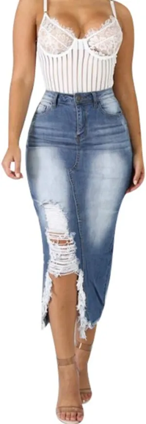 Denim Skirts for Women Casual Summer Ripped Destroyed Bodycon Jean Skirt Midi Skirts for Women