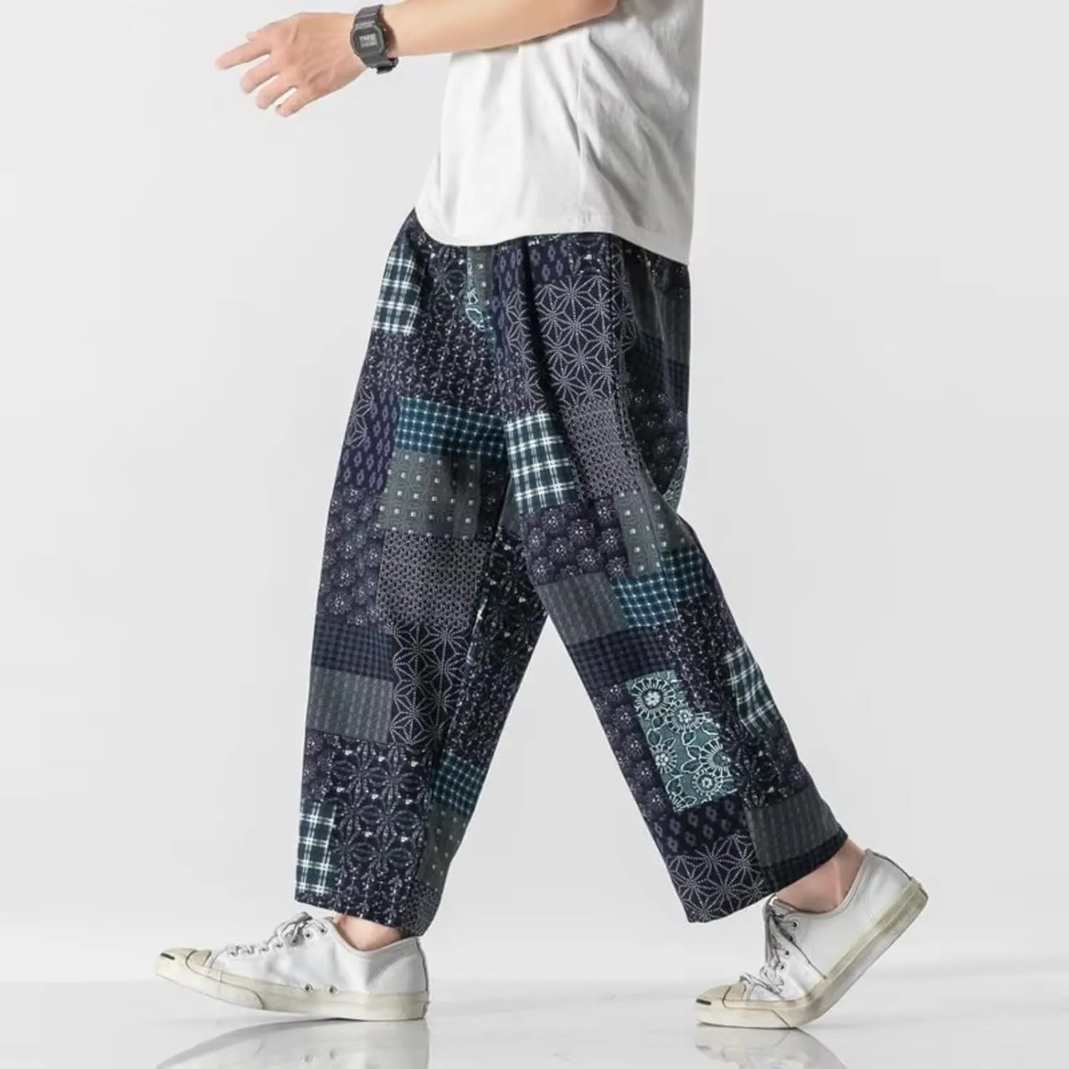 Harajuku Style Men's Harem Pants Wide Leg Straight Casual Patchwork Pants Male Loose Streetwear Trousers