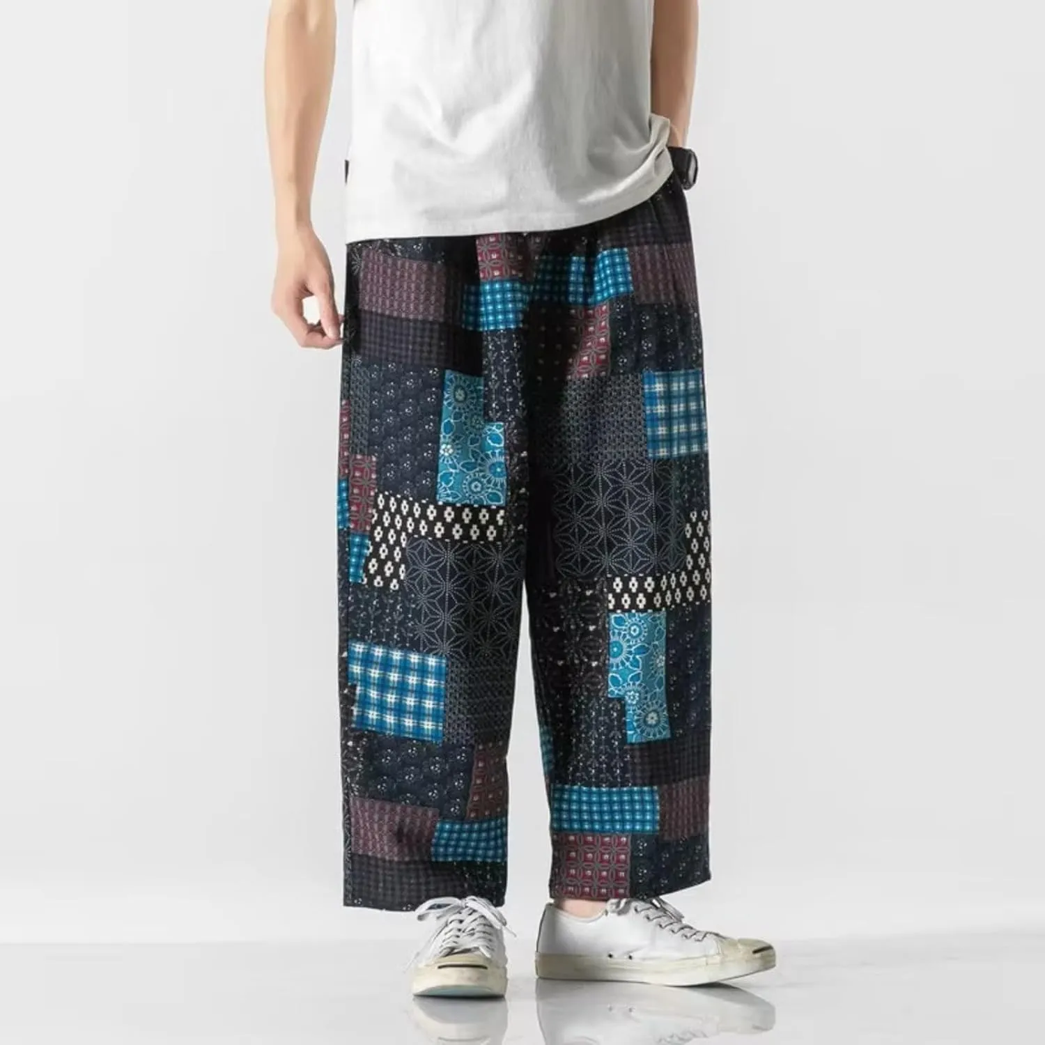 Harajuku Style Men's Harem Pants Wide Leg Straight Casual Patchwork Pants Male Loose Streetwear Trousers