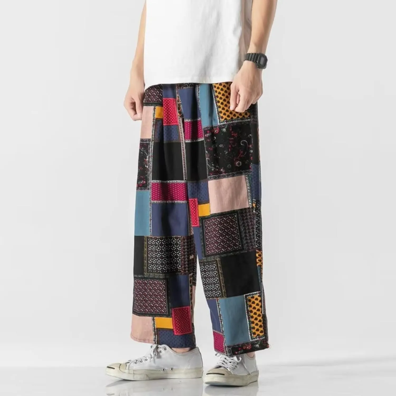 Harajuku Style Men's Harem Pants Wide Leg Straight Casual Patchwork Pants Male Loose Streetwear Trousers