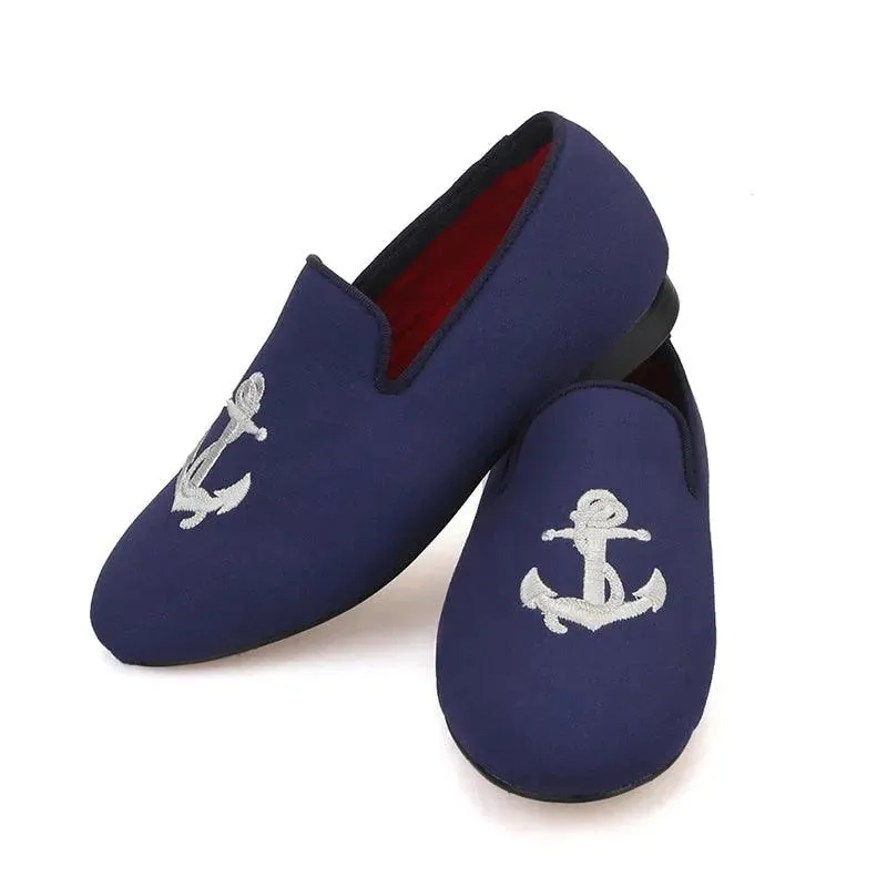 Kids Loafers Nautical Charm: Handcrafted Navy Canvas Children's Loafers with Embroidery