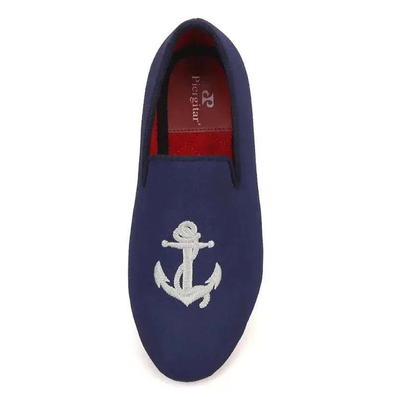Kids Loafers Nautical Charm: Handcrafted Navy Canvas Children's Loafers with Embroidery