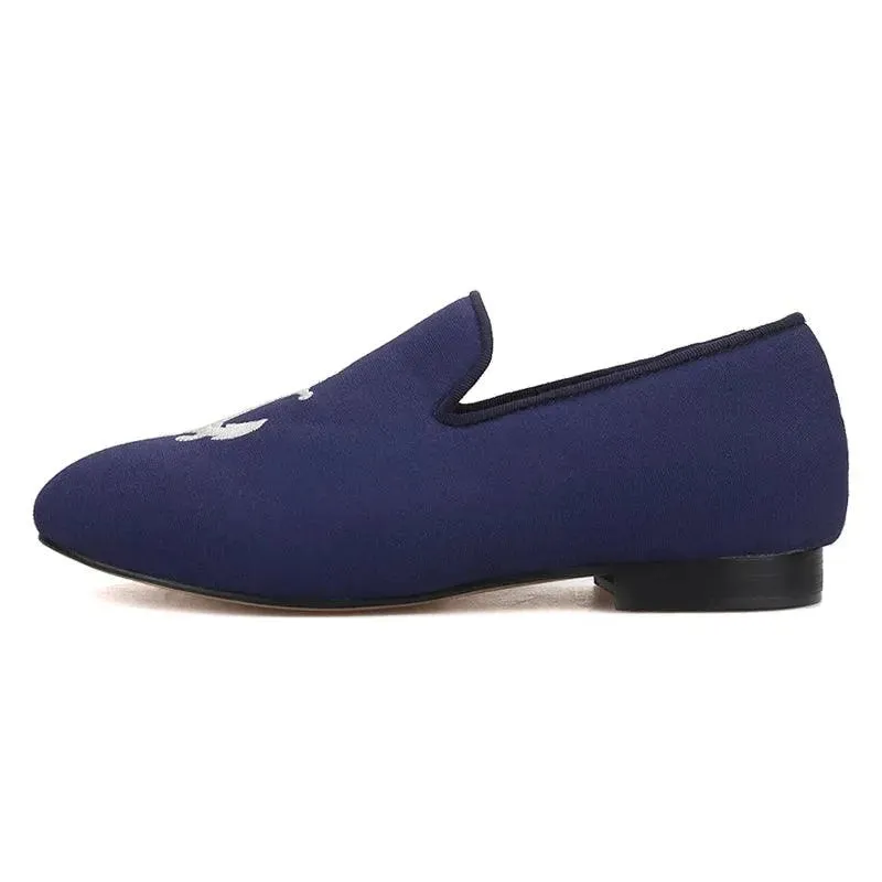 Kids Loafers Nautical Charm: Handcrafted Navy Canvas Children's Loafers with Embroidery