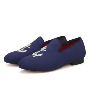 Kids Loafers Nautical Charm: Handcrafted Navy Canvas Children's Loafers with Embroidery