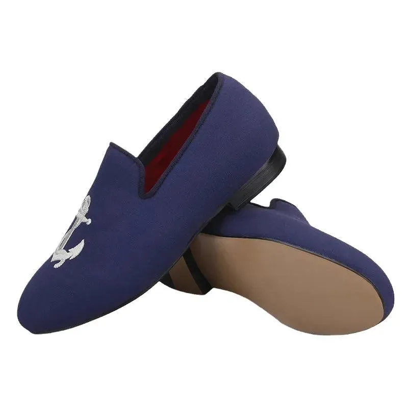 Kids Loafers Nautical Charm: Handcrafted Navy Canvas Children's Loafers with Embroidery
