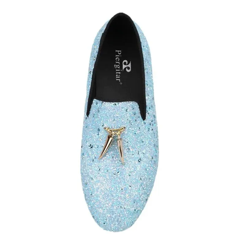 Kids Loafers Starry Strides: Toddler Loafers in Sky Blue Glitter Sequins with Metal Tassel Buckle and Vibrant Red Outsole