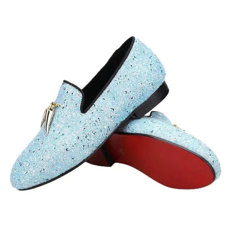 Kids Loafers Starry Strides: Toddler Loafers in Sky Blue Glitter Sequins with Metal Tassel Buckle and Vibrant Red Outsole