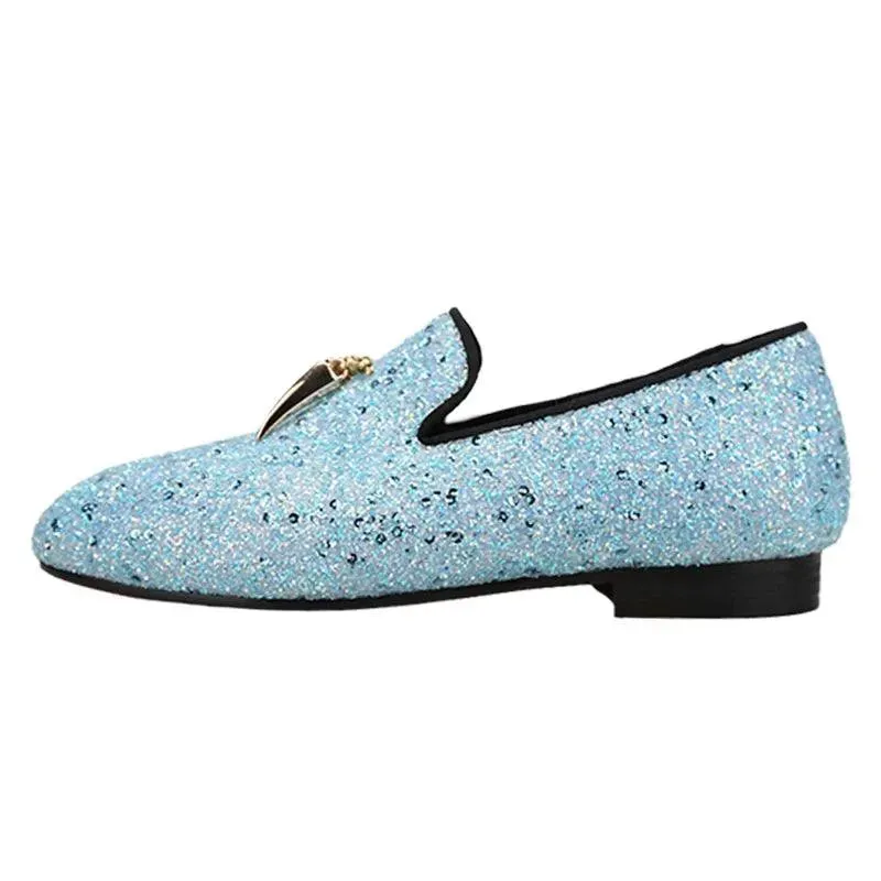 Kids Loafers Starry Strides: Toddler Loafers in Sky Blue Glitter Sequins with Metal Tassel Buckle and Vibrant Red Outsole