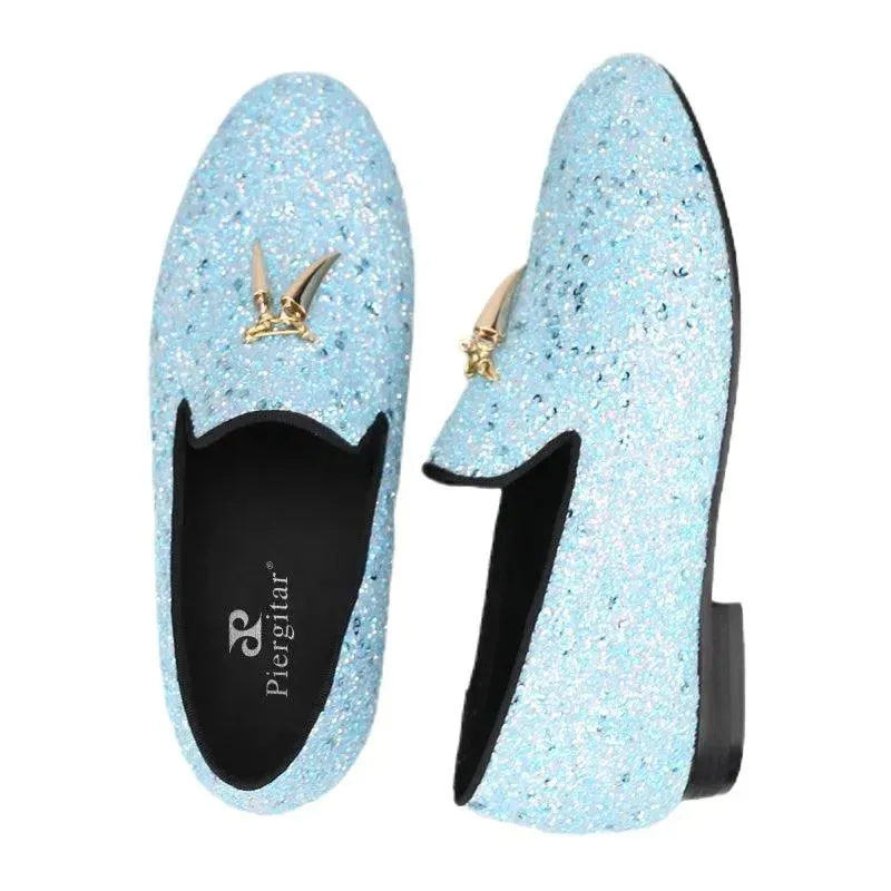 Kids Loafers Starry Strides: Toddler Loafers in Sky Blue Glitter Sequins with Metal Tassel Buckle and Vibrant Red Outsole
