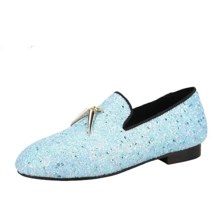Kids Loafers Starry Strides: Toddler Loafers in Sky Blue Glitter Sequins with Metal Tassel Buckle and Vibrant Red Outsole