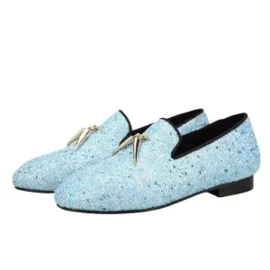 Kids Loafers Starry Strides: Toddler Loafers in Sky Blue Glitter Sequins with Metal Tassel Buckle and Vibrant Red Outsole