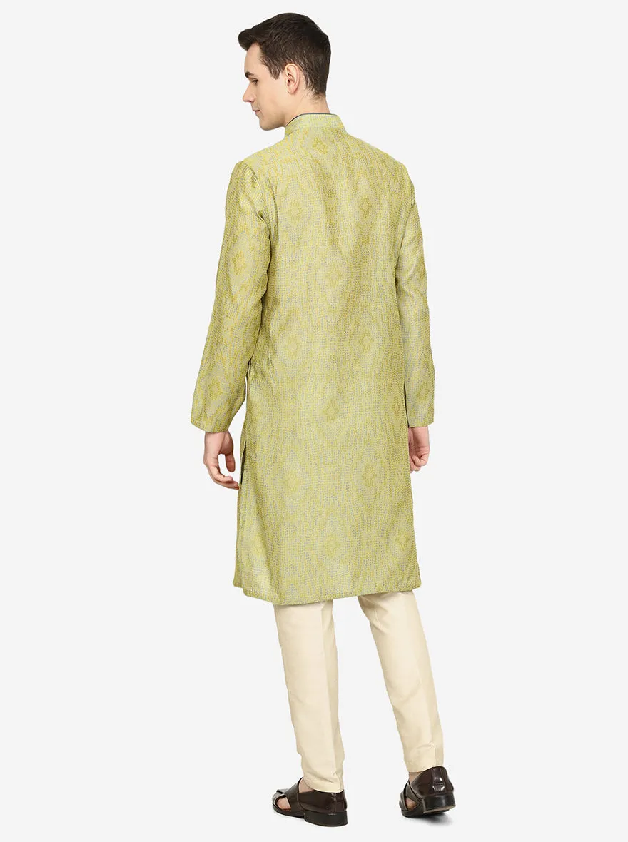 Lemon Green Printed Exclusive Silk Blend Kurta for Men