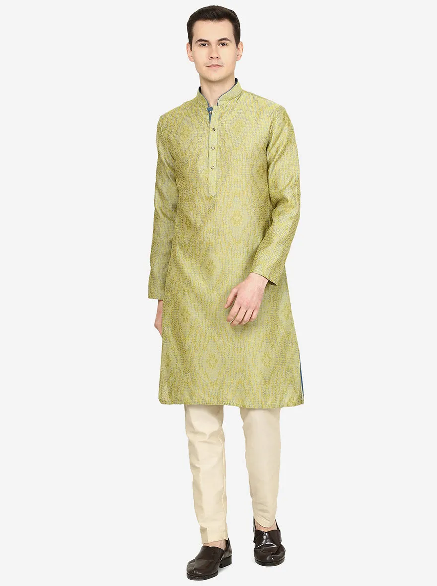 Lemon Green Printed Exclusive Silk Blend Kurta for Men