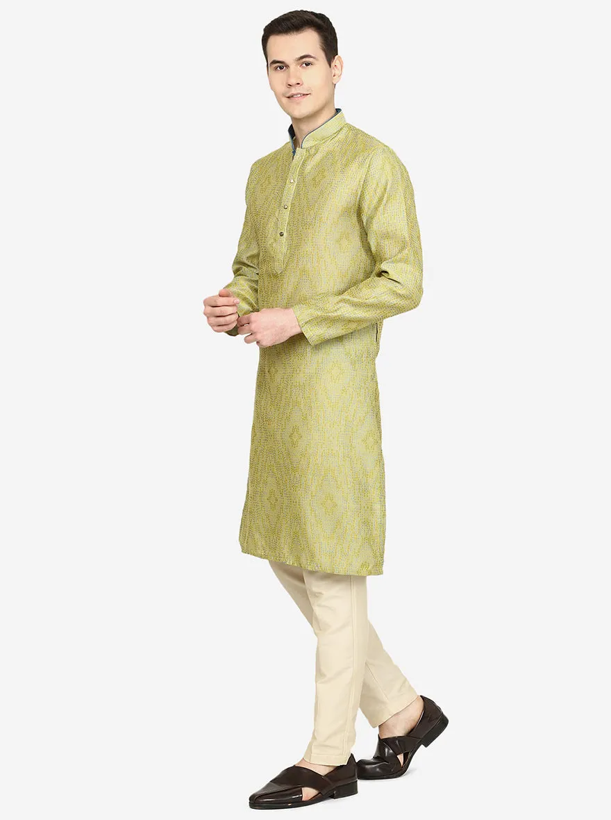 Lemon Green Printed Exclusive Silk Blend Kurta for Men