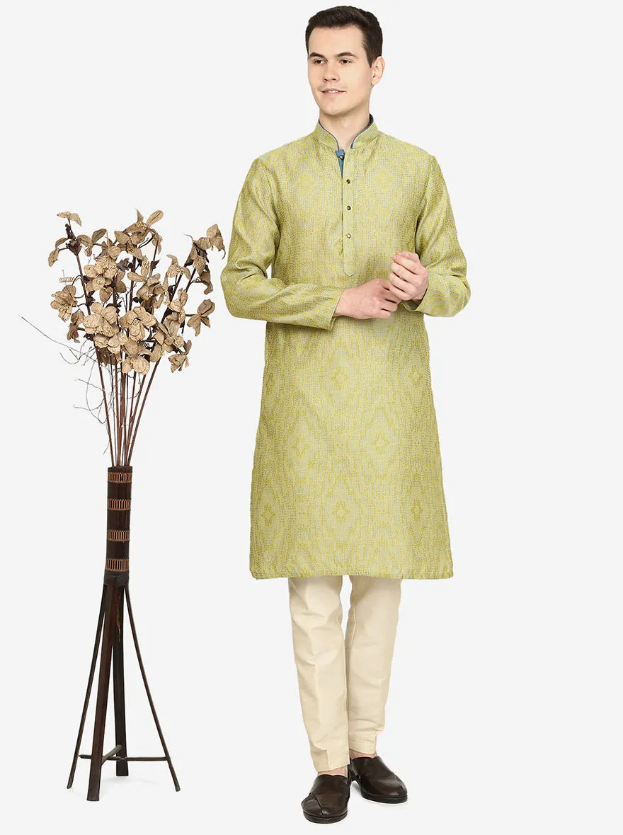 Lemon Green Printed Exclusive Silk Blend Kurta for Men