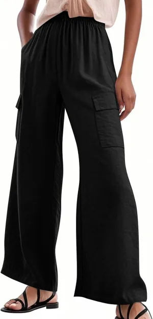 Linen Cargo Pants Women Lightweight Comfy Business Casual Work Pants Baggy Elastic Waist Office Trousers with Pockets