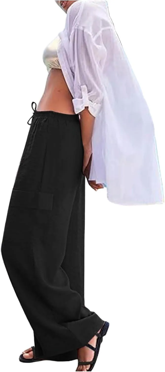 Linen Cargo Pants Women Lightweight Comfy Business Casual Work Pants Baggy Elastic Waist Office Trousers with Pockets
