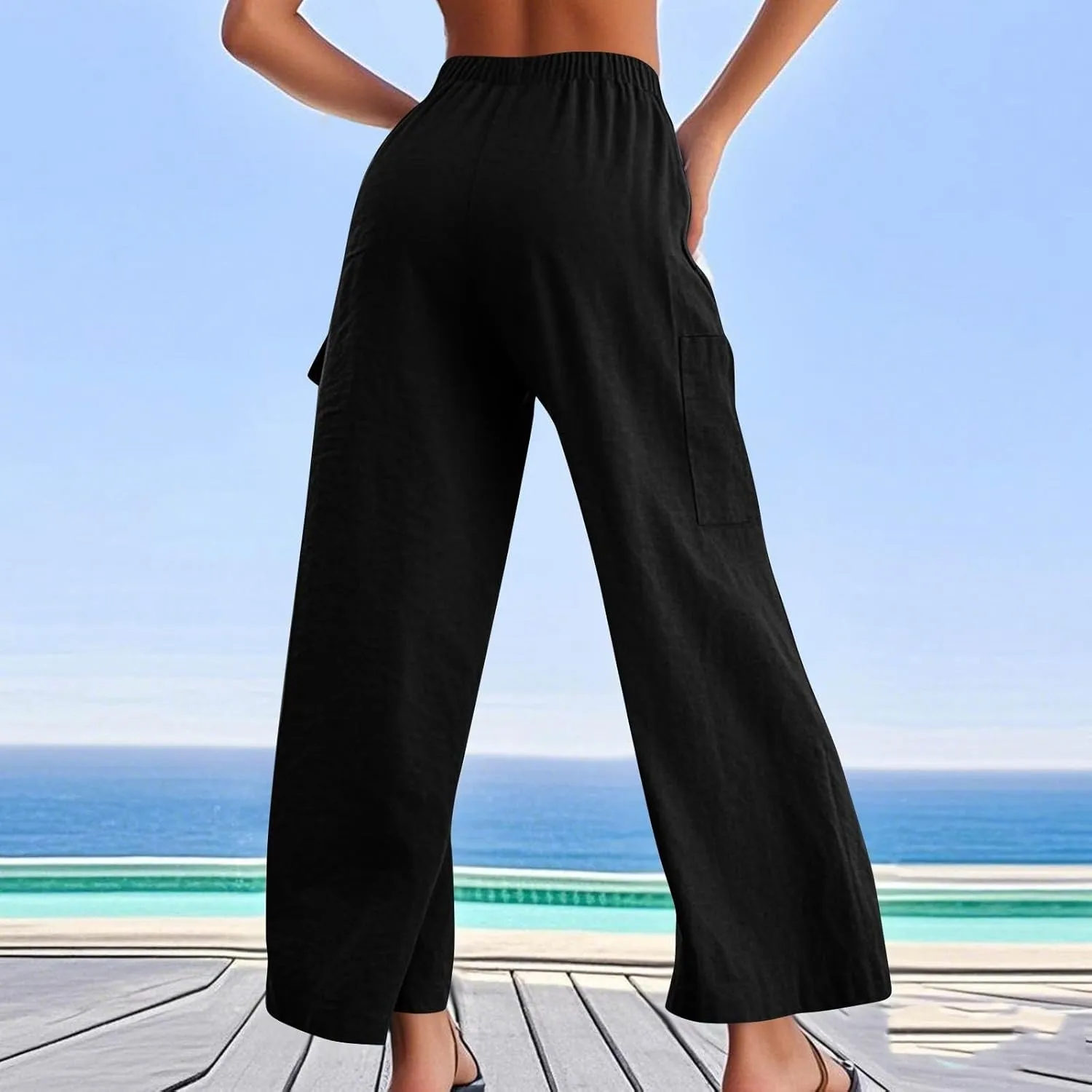 Linen Cargo Pants Women Lightweight Comfy Business Casual Work Pants Baggy Elastic Waist Office Trousers with Pockets