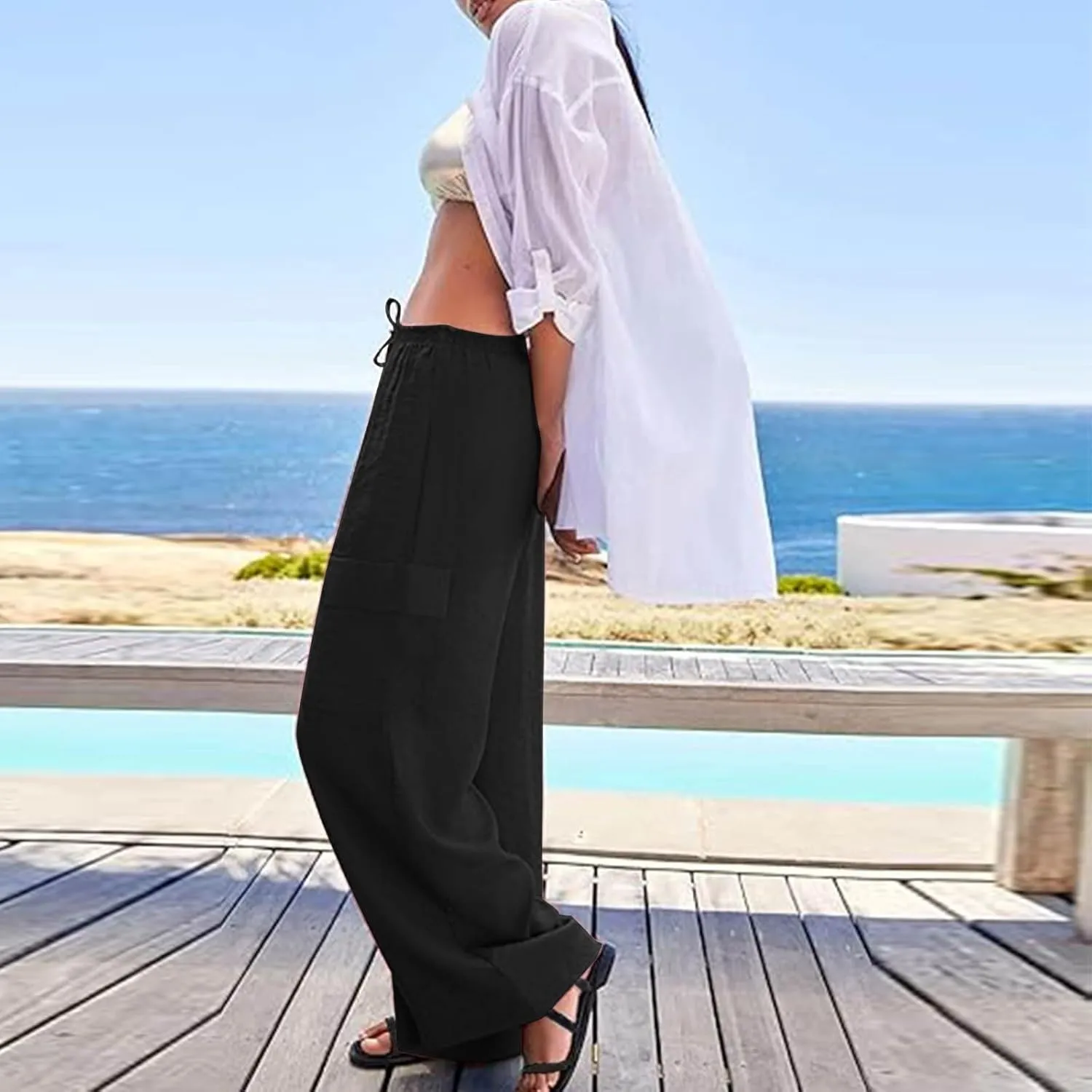 Linen Cargo Pants Women Lightweight Comfy Business Casual Work Pants Baggy Elastic Waist Office Trousers with Pockets
