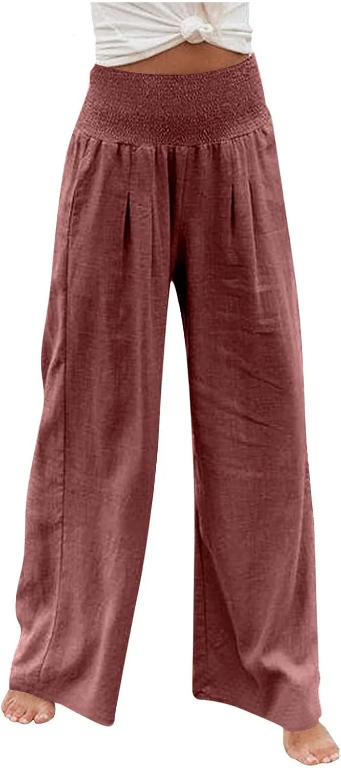 Linen Pants for Women Drawstring Elastic Waist Pants Casual Wide Leg Pants Work Pants Cute Palazzo Pants with Pockets
