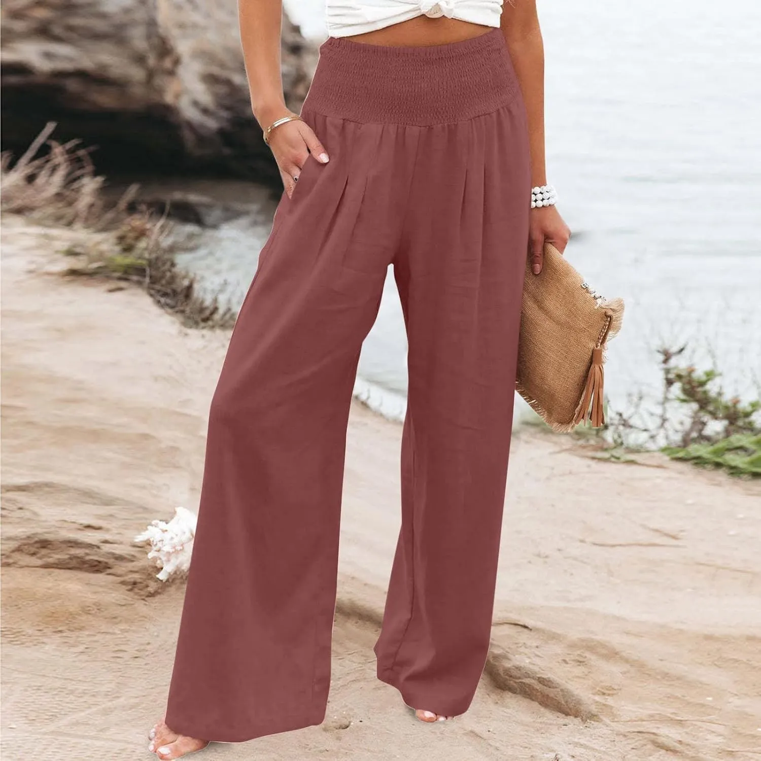 Linen Pants for Women Drawstring Elastic Waist Pants Casual Wide Leg Pants Work Pants Cute Palazzo Pants with Pockets