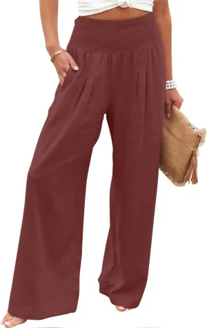 Linen Pants for Women Drawstring Elastic Waist Pants Casual Wide Leg Pants Work Pants Cute Palazzo Pants with Pockets