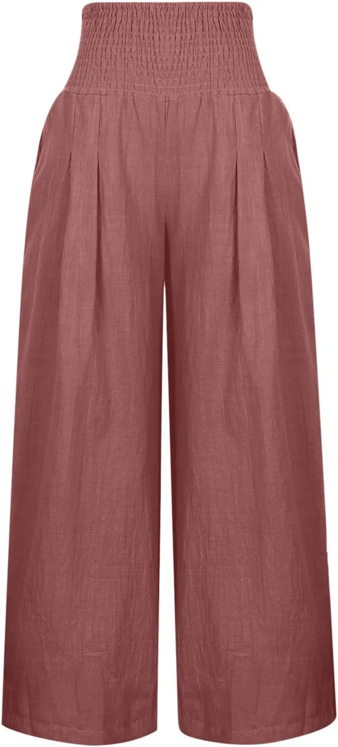 Linen Pants for Women Drawstring Elastic Waist Pants Casual Wide Leg Pants Work Pants Cute Palazzo Pants with Pockets