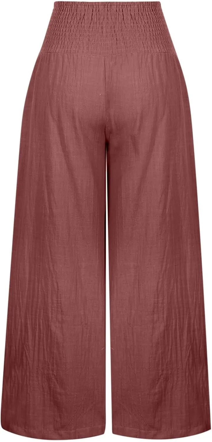 Linen Pants for Women Drawstring Elastic Waist Pants Casual Wide Leg Pants Work Pants Cute Palazzo Pants with Pockets
