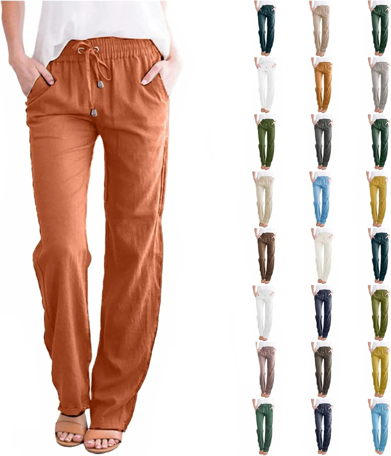 Linen Pants Women 2025 Summer Drawstring Trousers Pockets Casual Loose Wide Leg Lounge Pant for Beach Travel Vacation