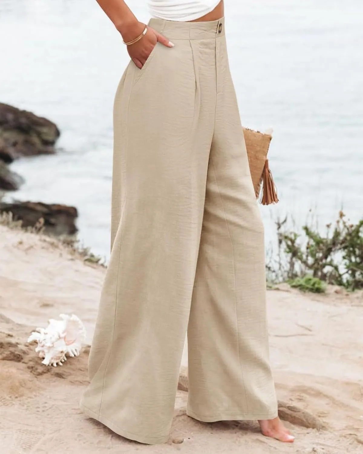 Linen Pants Women Lounge Baggy Flowy Beach Pants Elastic High Waisted Pleated Wide Leg Trousers with Pockets