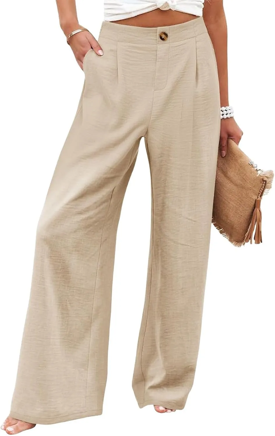 Linen Pants Women Lounge Baggy Flowy Beach Pants Elastic High Waisted Pleated Wide Leg Trousers with Pockets