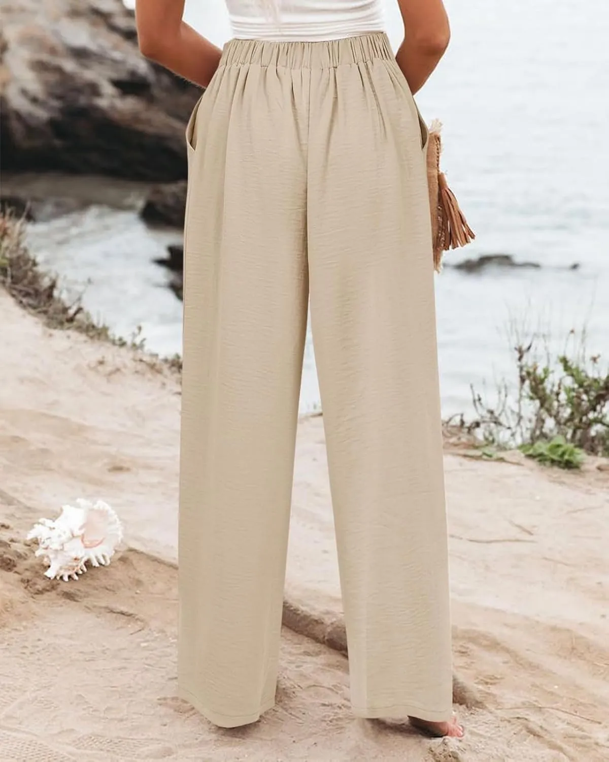 Linen Pants Women Lounge Baggy Flowy Beach Pants Elastic High Waisted Pleated Wide Leg Trousers with Pockets