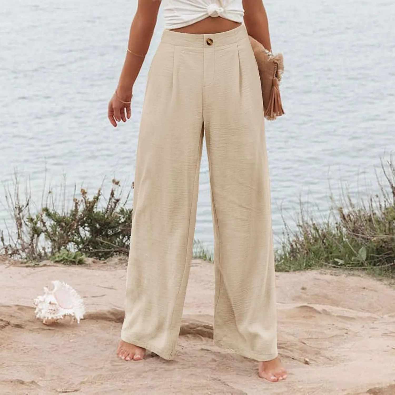 Linen Pants Women Lounge Baggy Flowy Beach Pants Elastic High Waisted Pleated Wide Leg Trousers with Pockets