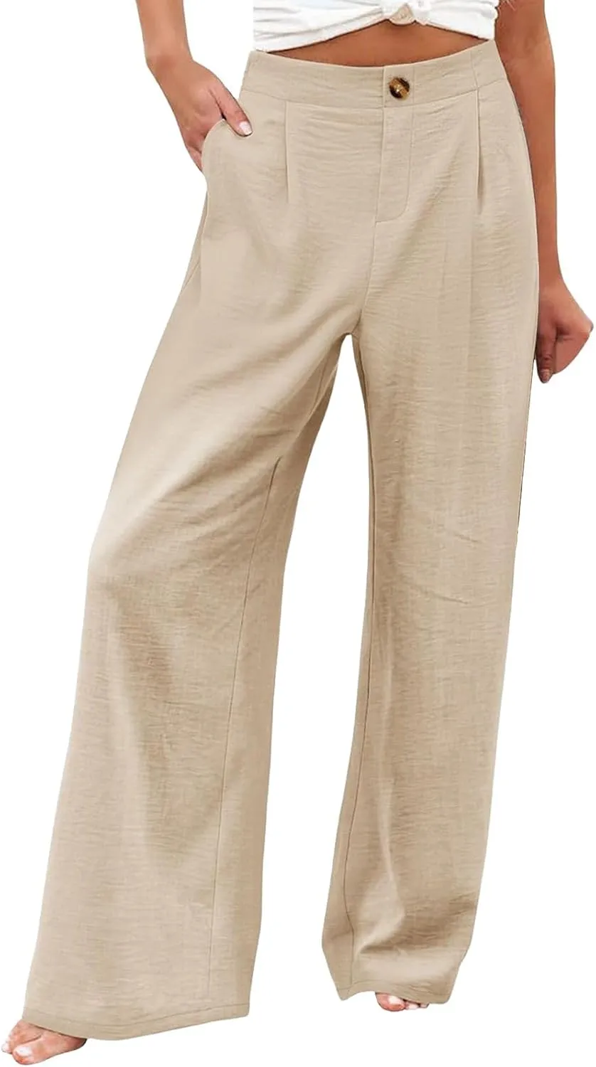 Linen Pants Women Lounge Baggy Flowy Beach Pants Elastic High Waisted Pleated Wide Leg Trousers with Pockets