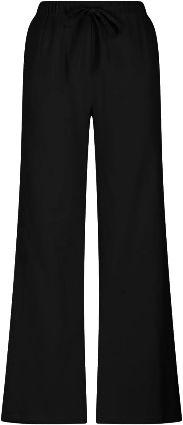 Linen Wide Leg Pants for Women Summer High Waisted Drawstring Palazzo Pants Casual Beach Pants Baggy Lounge Trousers