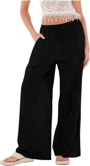 Linen Wide Leg Pants for Women Summer High Waisted Drawstring Palazzo Pants Casual Beach Pants Baggy Lounge Trousers