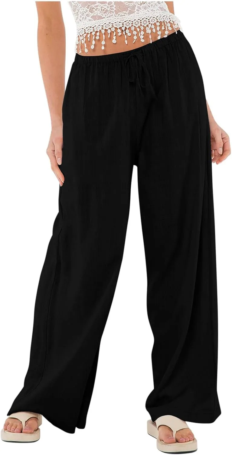 Linen Wide Leg Pants for Women Summer High Waisted Drawstring Palazzo Pants Casual Beach Pants Baggy Lounge Trousers