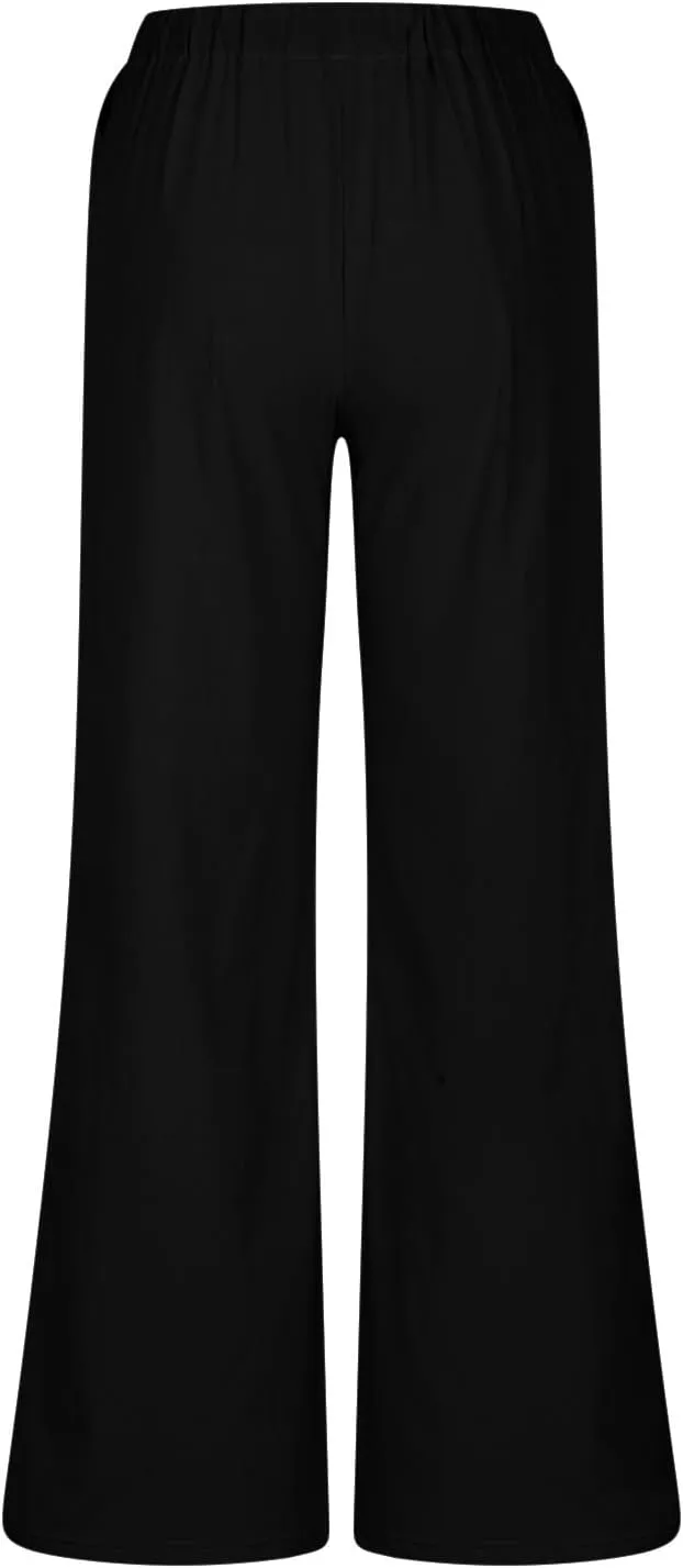 Linen Wide Leg Pants for Women Summer High Waisted Drawstring Palazzo Pants Casual Beach Pants Baggy Lounge Trousers