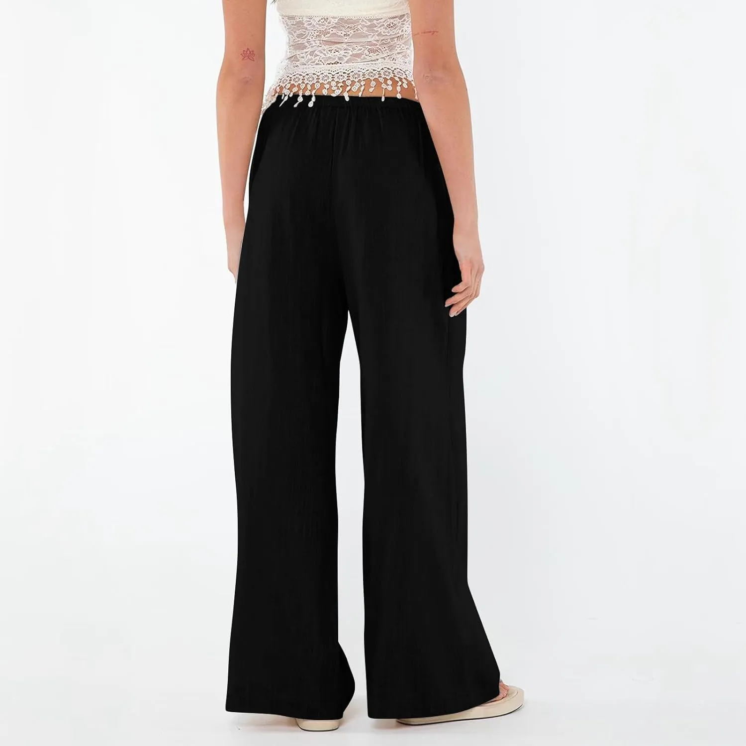 Linen Wide Leg Pants for Women Summer High Waisted Drawstring Palazzo Pants Casual Beach Pants Baggy Lounge Trousers