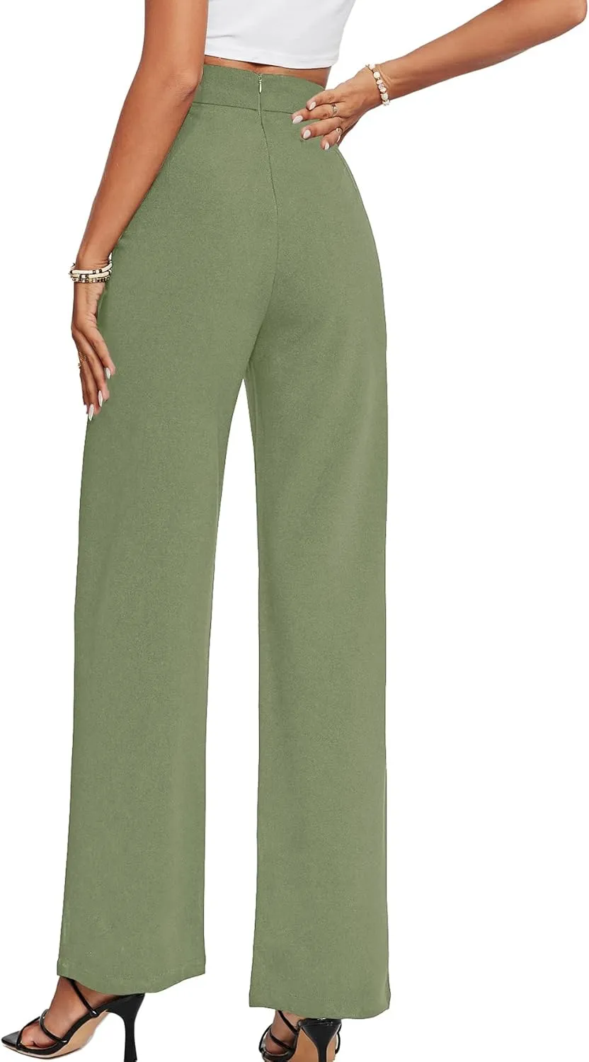 LYANER Women's High Waist Overlap Button Down Pants Wide Leg Business Work Long Pants Trousers with Pockets