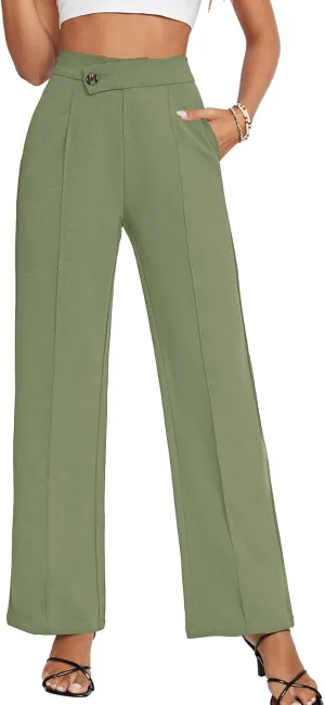 LYANER Women's High Waist Overlap Button Down Pants Wide Leg Business Work Long Pants Trousers with Pockets